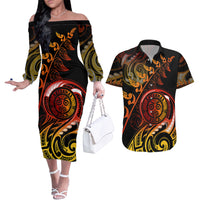 New Zealand Couples Matching Off The Shoulder Long Sleeve Dress and Hawaiian Shirt Aotearoa Wisdom Face Maori Fern Tattoo Arty LT9 - Wonder Print Shop