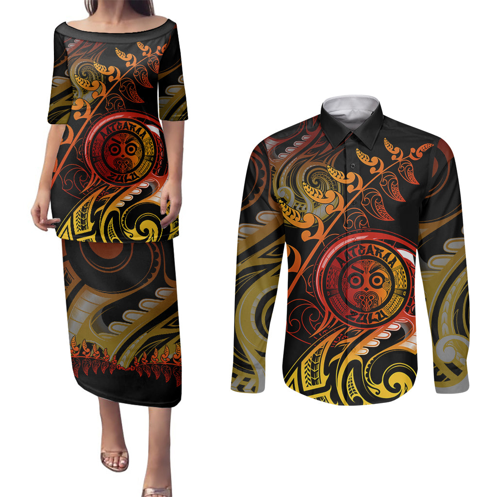 New Zealand Couples Matching Puletasi Dress and Long Sleeve Button Shirts Aotearoa Wisdom Face Maori Fern Tattoo Arty LT9 - Wonder Print Shop