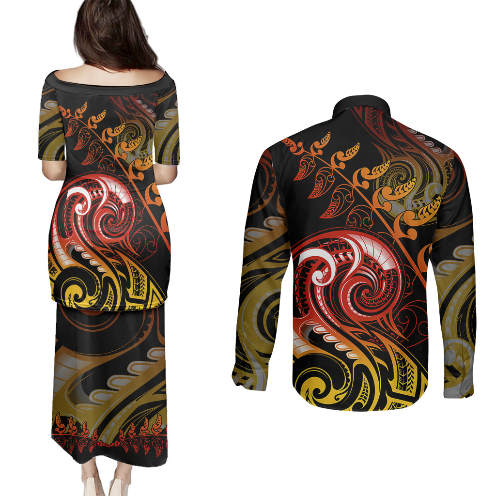 New Zealand Couples Matching Puletasi Dress and Long Sleeve Button Shirts Aotearoa Wisdom Face Maori Fern Tattoo Arty LT9 - Wonder Print Shop
