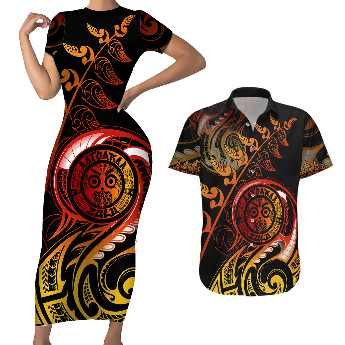 New Zealand Couples Matching Short Sleeve Bodycon Dress and Hawaiian Shirt Aotearoa Wisdom Face Maori Fern Tattoo Arty LT9 - Wonder Print Shop