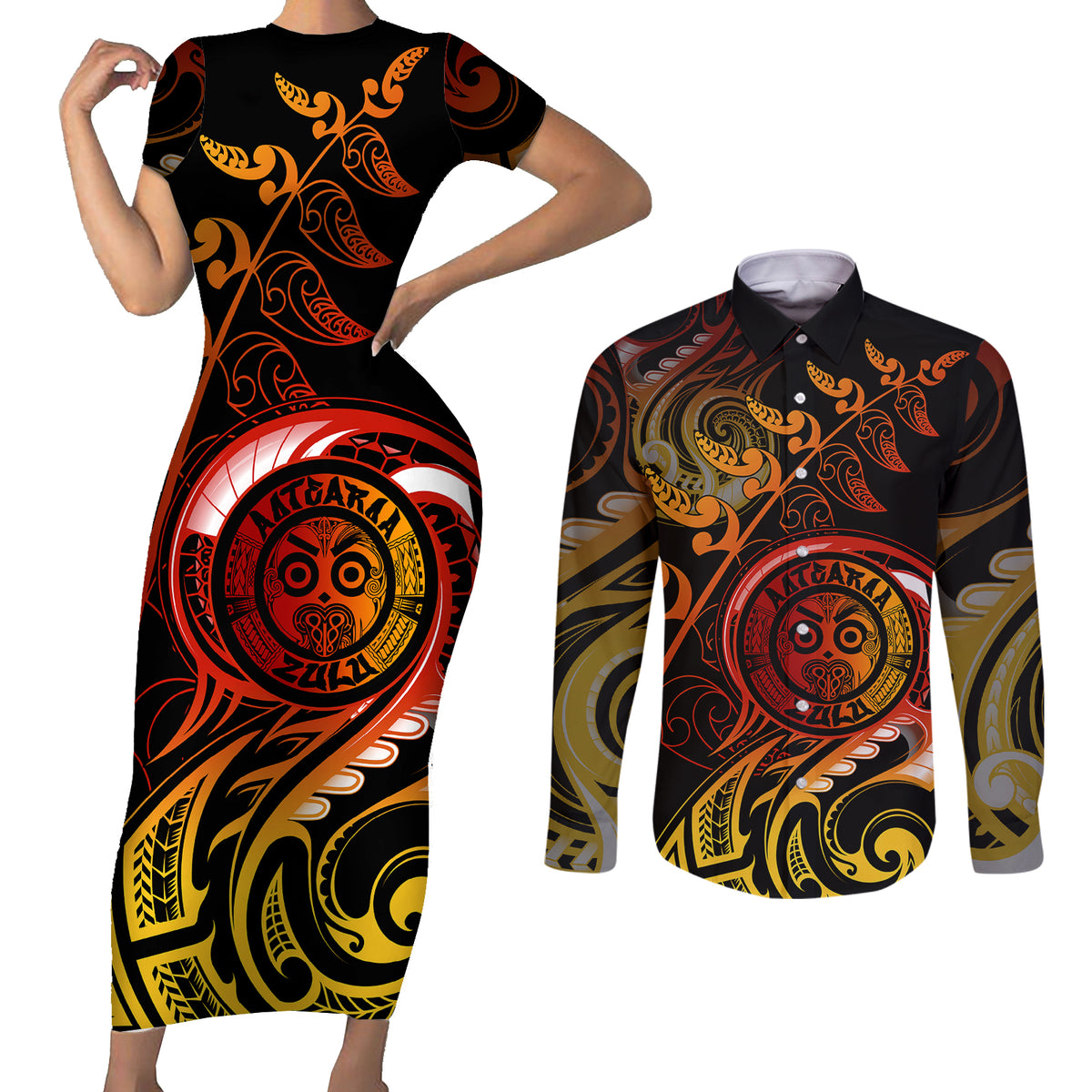 New Zealand Couples Matching Short Sleeve Bodycon Dress and Long Sleeve Button Shirts Aotearoa Wisdom Face Maori Fern Tattoo Arty LT9 - Wonder Print Shop