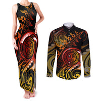 New Zealand Couples Matching Tank Maxi Dress and Long Sleeve Button Shirts Aotearoa Wisdom Face Maori Fern Tattoo Arty LT9 - Wonder Print Shop