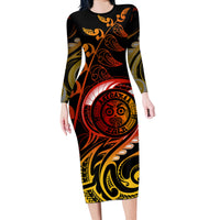 New Zealand Long Sleeve Bodycon Dress Aotearoa Wisdom Face Maori Fern Tattoo Arty - Wonder Print Shop