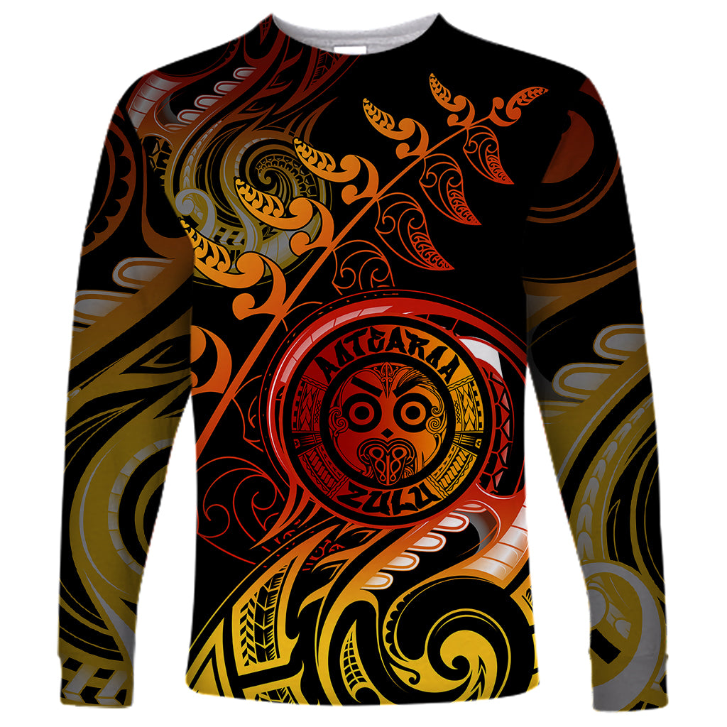 New Zealand Long Sleeve Shirt Aotearoa Wisdom Face Maori Fern Tattoo Arty - Wonder Print Shop