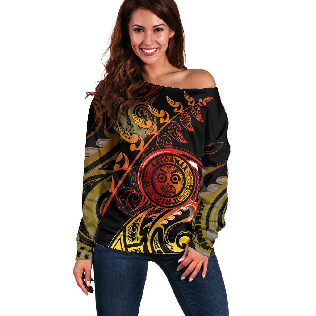 New Zealand Off Shoulder Sweater Aotearoa Wisdom Face Maori Fern Tattoo Arty - Wonder Print Shop