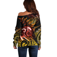 New Zealand Off Shoulder Sweater Aotearoa Wisdom Face Maori Fern Tattoo Arty - Wonder Print Shop