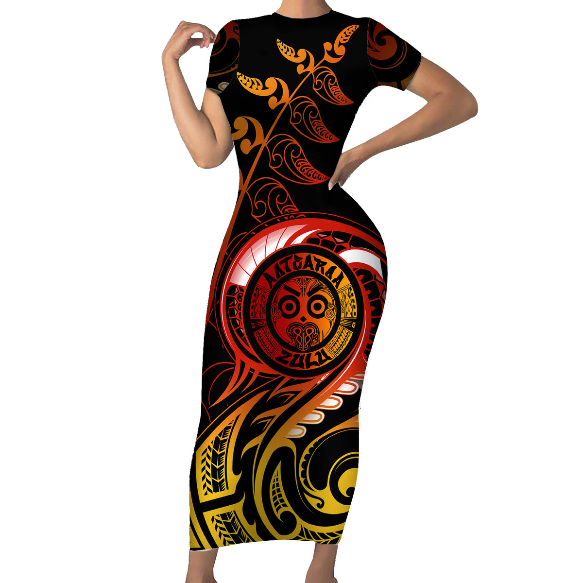 New Zealand Short Sleeve Bodycon Dress Aotearoa Wisdom Face Maori Fern Tattoo Arty - Wonder Print Shop