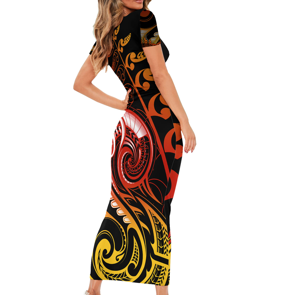 New Zealand Short Sleeve Bodycon Dress Aotearoa Wisdom Face Maori Fern Tattoo Arty - Wonder Print Shop