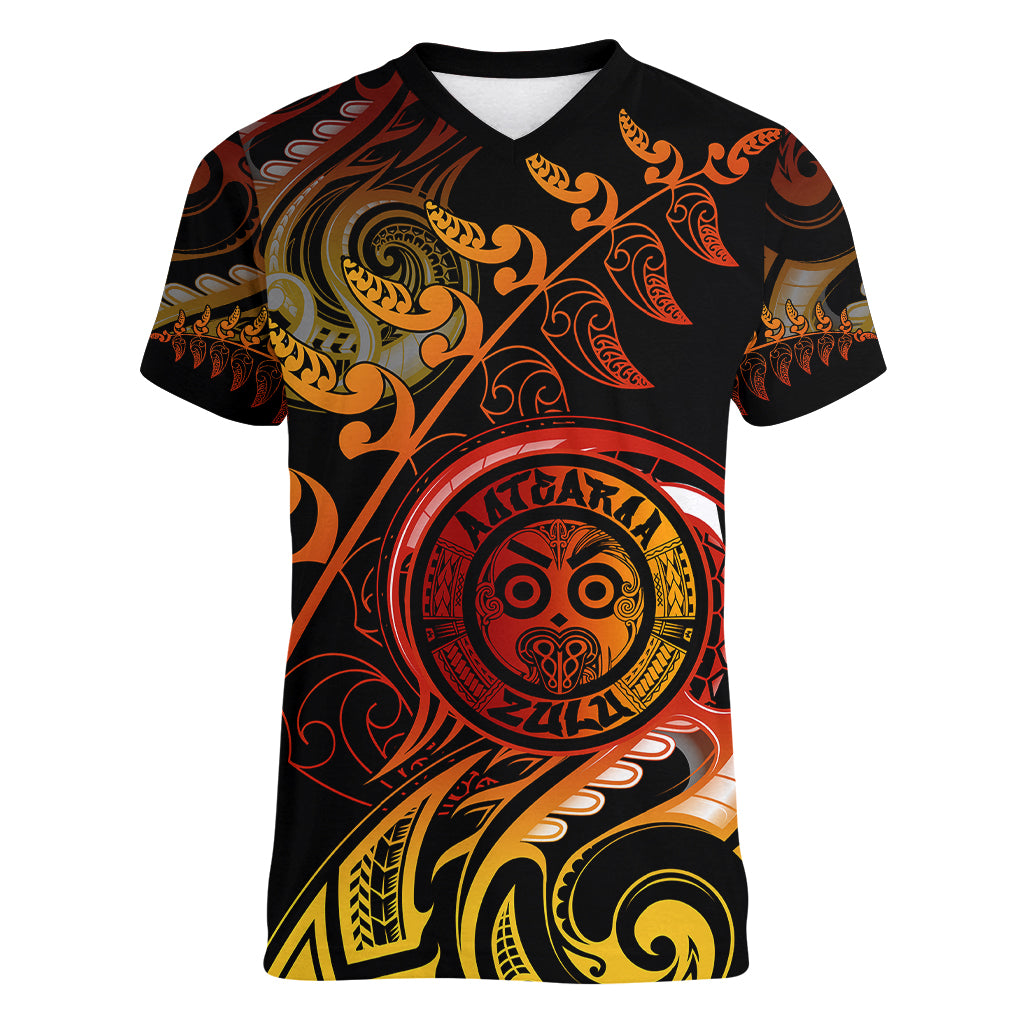 New Zealand Women V Neck T Shirt Aotearoa Wisdom Face Maori Fern Tattoo Arty - Wonder Print Shop