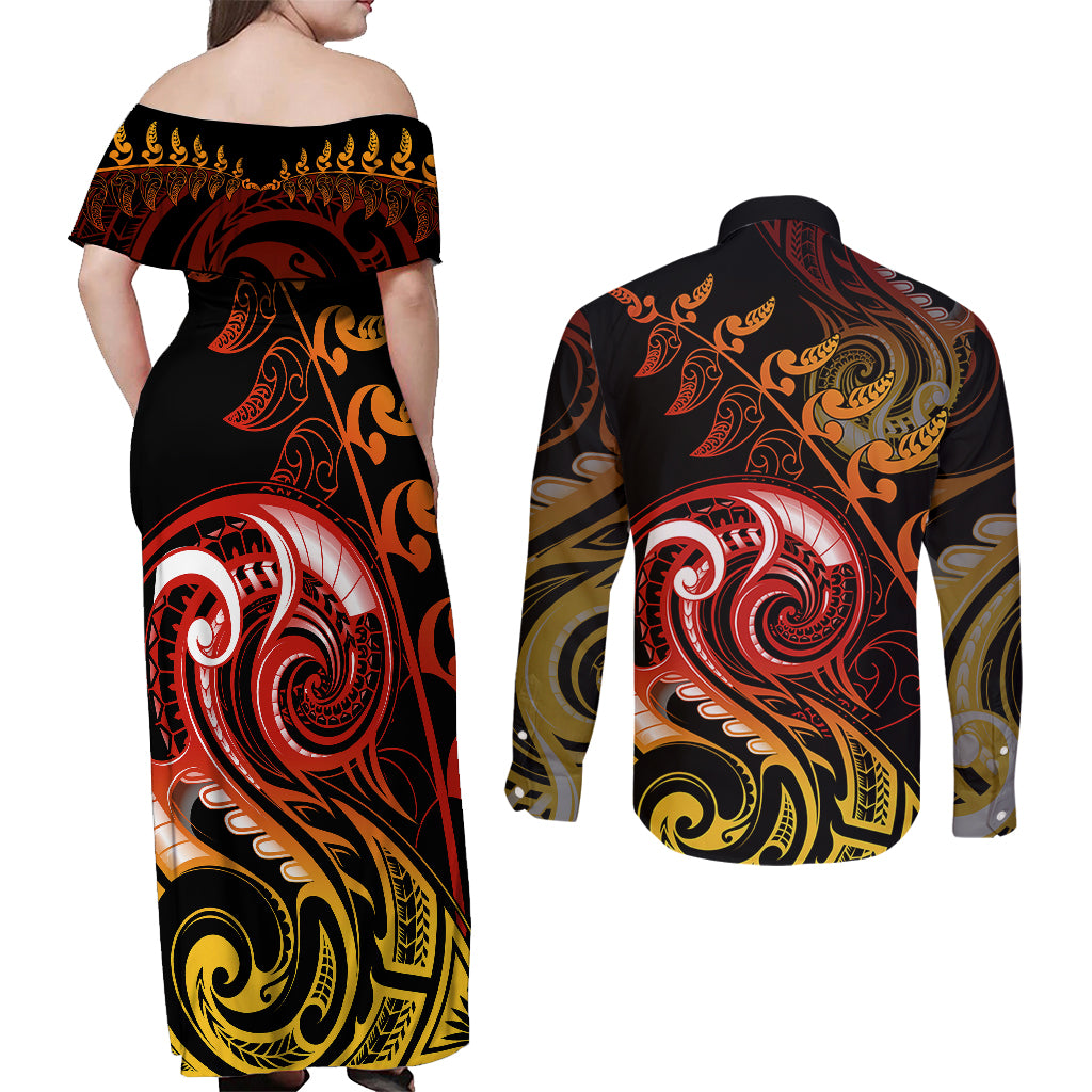New Zealand Couples Matching Off Shoulder Maxi Dress and Long Sleeve Button Shirts Aotearoa Hei-Tiki Maori Fern Tattoo Arty LT9 - Wonder Print Shop
