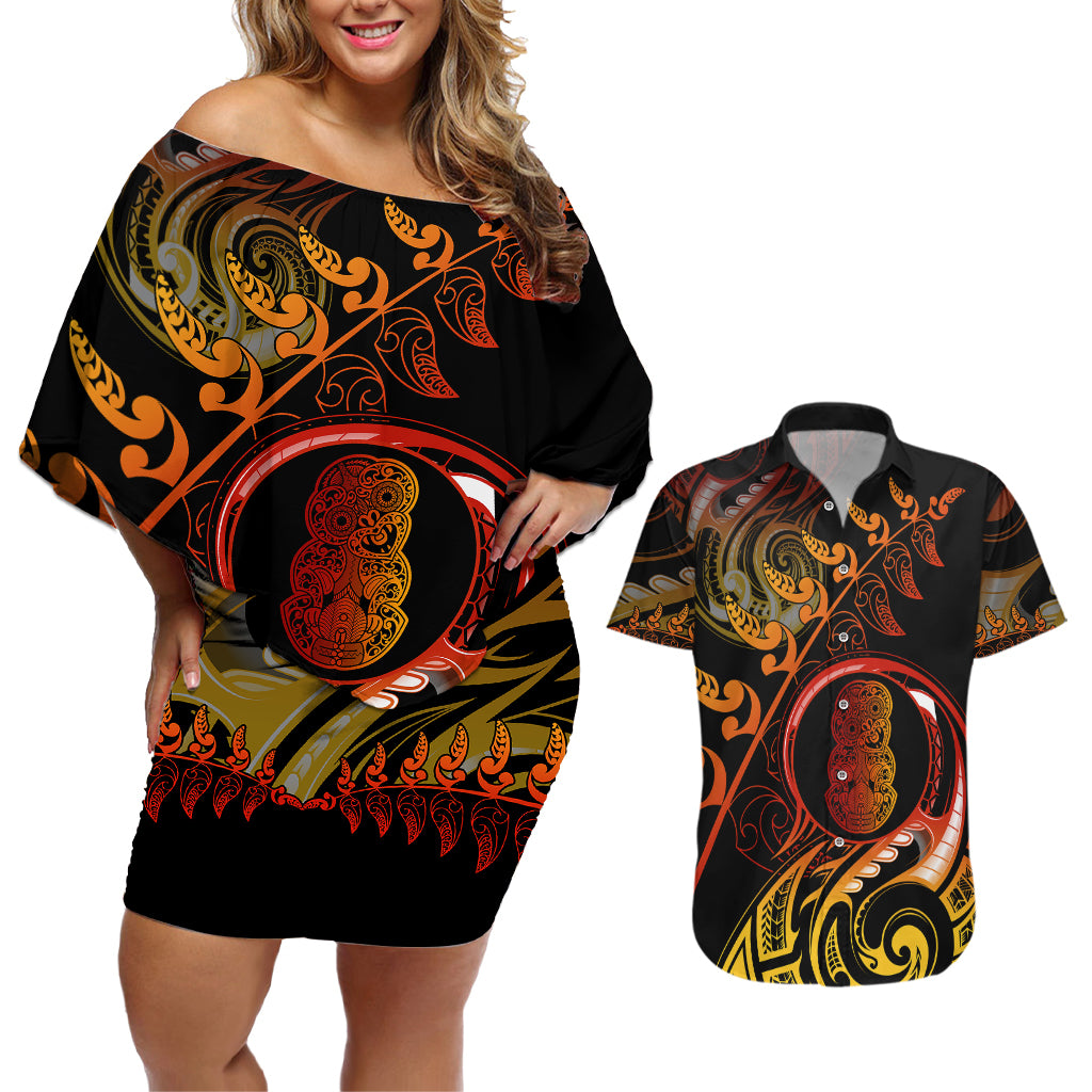 New Zealand Couples Matching Off Shoulder Short Dress and Hawaiian Shirt Aotearoa Hei-Tiki Maori Fern Tattoo Arty LT9 - Wonder Print Shop