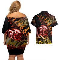 New Zealand Couples Matching Off Shoulder Short Dress and Hawaiian Shirt Aotearoa Hei-Tiki Maori Fern Tattoo Arty LT9 - Wonder Print Shop