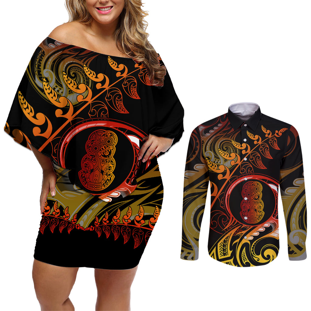 New Zealand Couples Matching Off Shoulder Short Dress and Long Sleeve Button Shirts Aotearoa Hei-Tiki Maori Fern Tattoo Arty LT9 - Wonder Print Shop