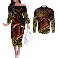 new-zealand-couples-matching-off-the-shoulder-long-sleeve-dress-and-long-sleeve-button-shirts-aotearoa-hei-tiki-maori-fern-tattoo-arty