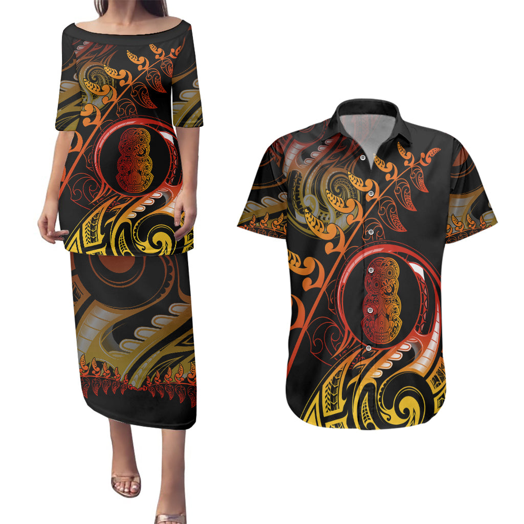 New Zealand Couples Matching Puletasi Dress and Hawaiian Shirt Aotearoa Hei-Tiki Maori Fern Tattoo Arty LT9 - Wonder Print Shop