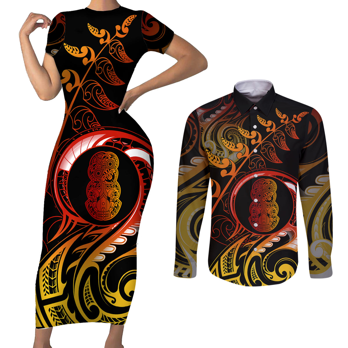 New Zealand Couples Matching Short Sleeve Bodycon Dress and Long Sleeve Button Shirts Aotearoa Hei-Tiki Maori Fern Tattoo Arty LT9 - Wonder Print Shop