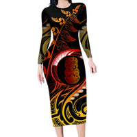 New Zealand Long Sleeve Bodycon Dress Aotearoa Hei-Tiki Maori Fern Tattoo Arty - Wonder Print Shop