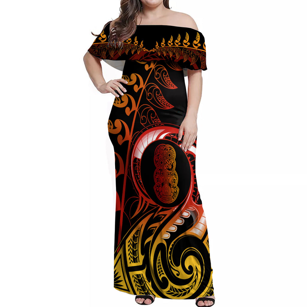 New Zealand Off Shoulder Maxi Dress Aotearoa Hei-Tiki Maori Fern Tattoo Arty - Wonder Print Shop