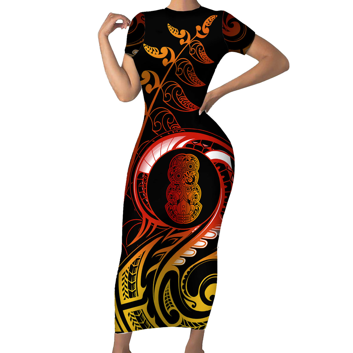 New Zealand Short Sleeve Bodycon Dress Aotearoa Hei-Tiki Maori Fern Tattoo Arty - Wonder Print Shop