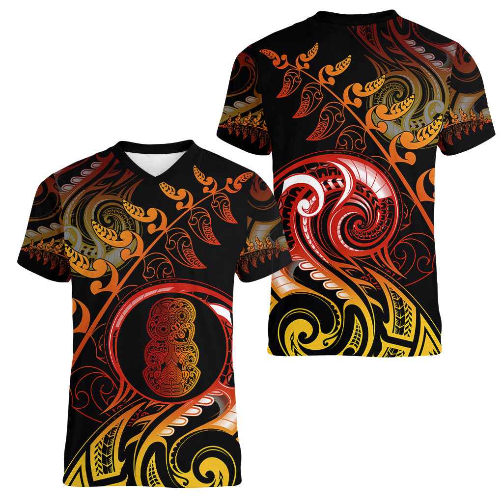 New Zealand Women V Neck T Shirt Aotearoa Hei-Tiki Maori Fern Tattoo Arty - Wonder Print Shop