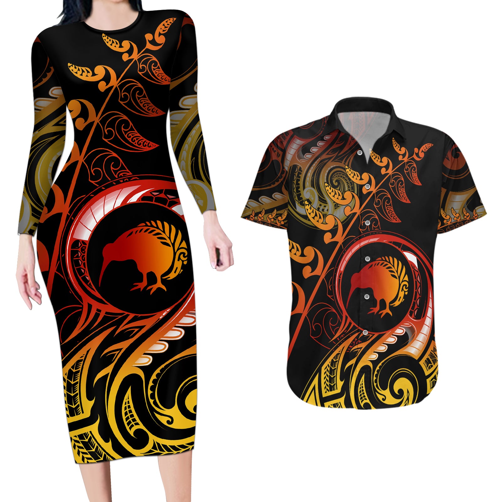 New Zealand Couples Matching Long Sleeve Bodycon Dress and Hawaiian Shirt Aotearoa Kiwi Bird Maori Fern Tattoo Arty LT9 - Wonder Print Shop