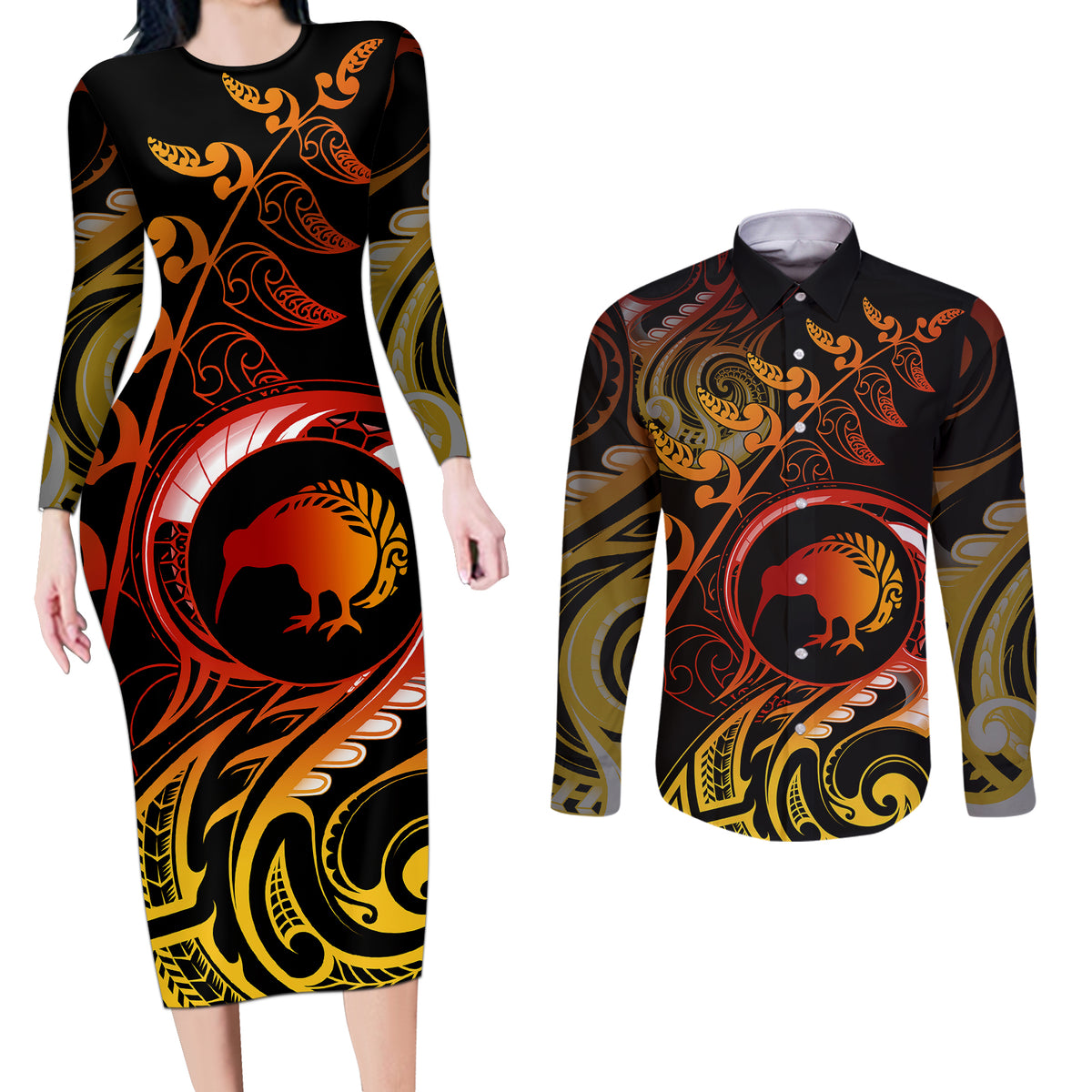 New Zealand Couples Matching Long Sleeve Bodycon Dress and Long Sleeve Button Shirts Aotearoa Kiwi Bird Maori Fern Tattoo Arty LT9 - Wonder Print Shop