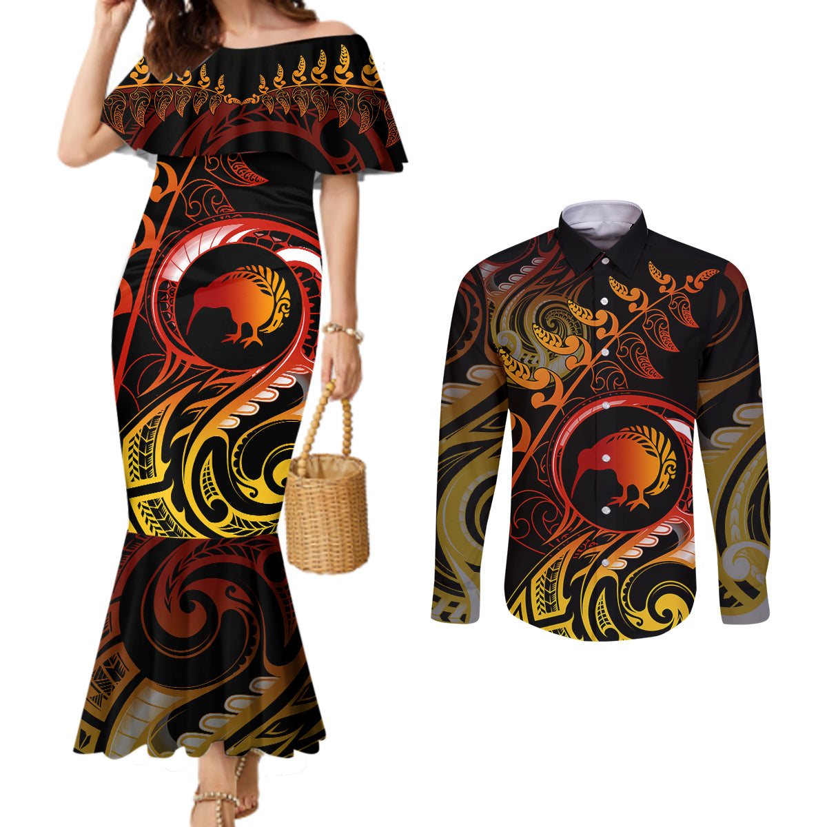 new-zealand-couples-matching-mermaid-dress-and-long-sleeve-button-shirts-aotearoa-kiwi-bird-maori-fern-tattoo-arty