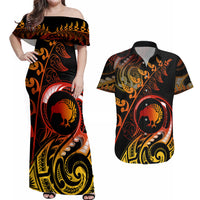 New Zealand Couples Matching Off Shoulder Maxi Dress and Hawaiian Shirt Aotearoa Kiwi Bird Maori Fern Tattoo Arty LT9 - Wonder Print Shop