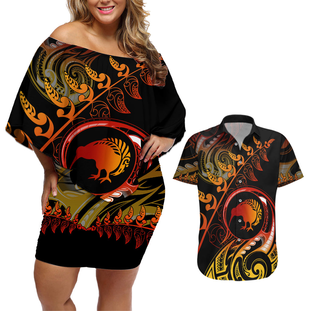 New Zealand Couples Matching Off Shoulder Short Dress and Hawaiian Shirt Aotearoa Kiwi Bird Maori Fern Tattoo Arty LT9 - Wonder Print Shop