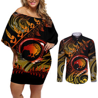 New Zealand Couples Matching Off Shoulder Short Dress and Long Sleeve Button Shirts Aotearoa Kiwi Bird Maori Fern Tattoo Arty LT9 - Wonder Print Shop