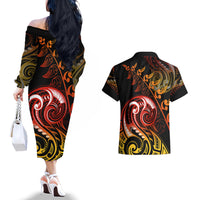 New Zealand Couples Matching Off The Shoulder Long Sleeve Dress and Hawaiian Shirt Aotearoa Kiwi Bird Maori Fern Tattoo Arty LT9 - Wonder Print Shop