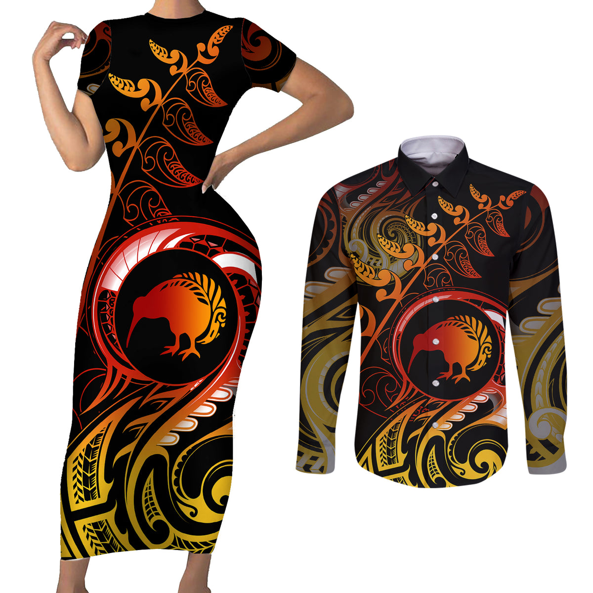 New Zealand Couples Matching Short Sleeve Bodycon Dress and Long Sleeve Button Shirts Aotearoa Kiwi Bird Maori Fern Tattoo Arty LT9 - Wonder Print Shop