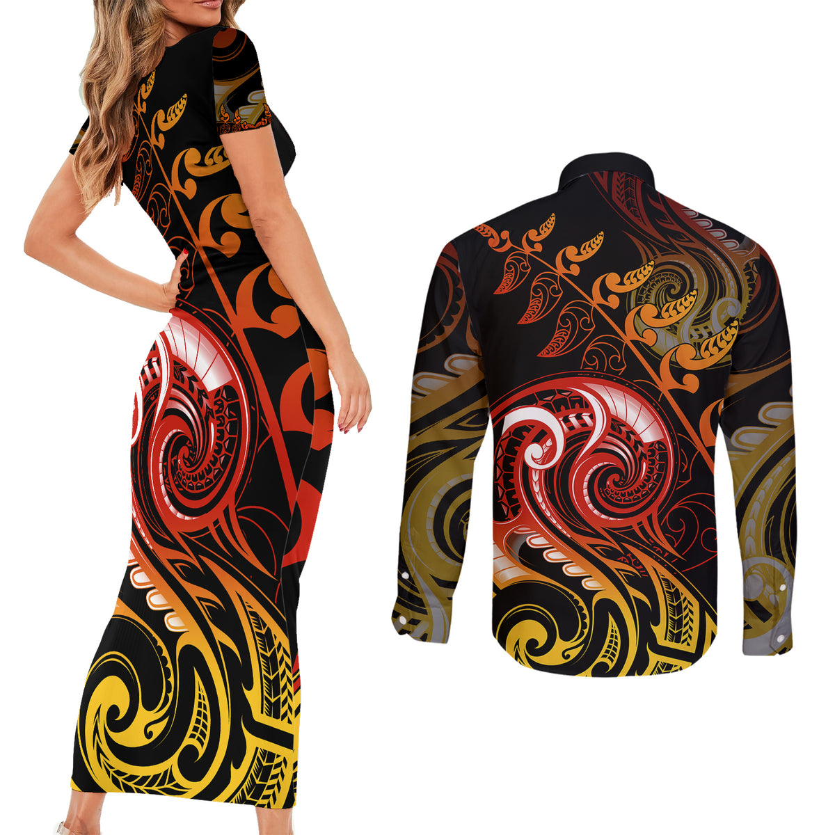 New Zealand Couples Matching Short Sleeve Bodycon Dress and Long Sleeve Button Shirts Aotearoa Kiwi Bird Maori Fern Tattoo Arty LT9 - Wonder Print Shop