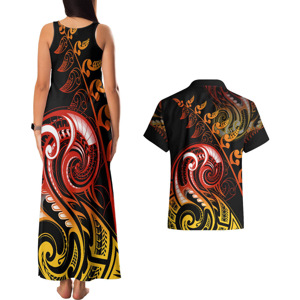 New Zealand Couples Matching Tank Maxi Dress and Hawaiian Shirt Aotearoa Kiwi Bird Maori Fern Tattoo Arty LT9 - Wonder Print Shop