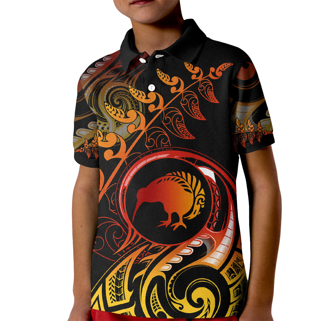 New Zealand Kid Polo Shirt Aotearoa Kiwi Bird Maori Fern Tattoo Arty - Wonder Print Shop