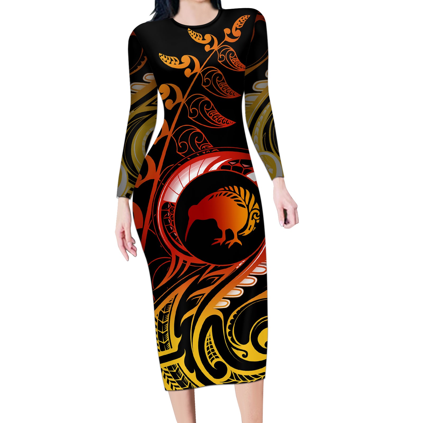 New Zealand Long Sleeve Bodycon Dress Aotearoa Kiwi Bird Maori Fern Tattoo Arty - Wonder Print Shop