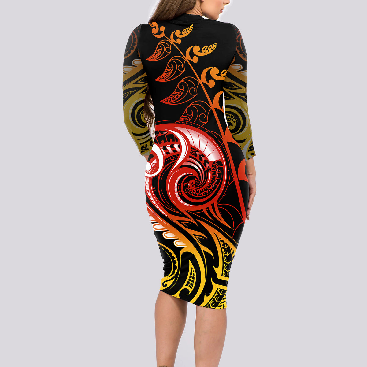 New Zealand Long Sleeve Bodycon Dress Aotearoa Kiwi Bird Maori Fern Tattoo Arty - Wonder Print Shop