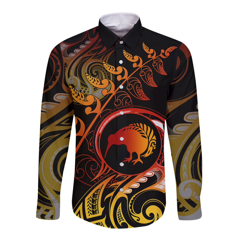 New Zealand Long Sleeve Button Shirt Aotearoa Kiwi Bird Maori Fern Tattoo Arty - Wonder Print Shop