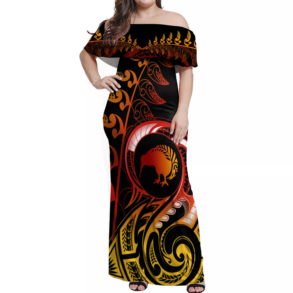 New Zealand Off Shoulder Maxi Dress Aotearoa Kiwi Bird Maori Fern Tattoo Arty - Wonder Print Shop