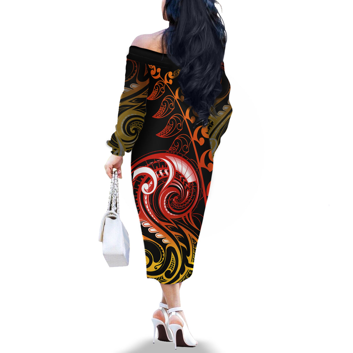 New Zealand Off The Shoulder Long Sleeve Dress Aotearoa Kiwi Bird Maori Fern Tattoo Arty - Wonder Print Shop