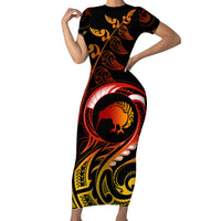 New Zealand Short Sleeve Bodycon Dress Aotearoa Kiwi Bird Maori Fern Tattoo Arty - Wonder Print Shop