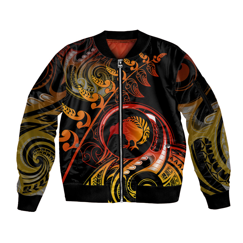 New Zealand Sleeve Zip Bomber Jacket Aotearoa Kiwi Bird Maori Fern Tattoo Arty - Wonder Print Shop