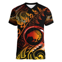 New Zealand Women V Neck T Shirt Aotearoa Kiwi Bird Maori Fern Tattoo Arty - Wonder Print Shop