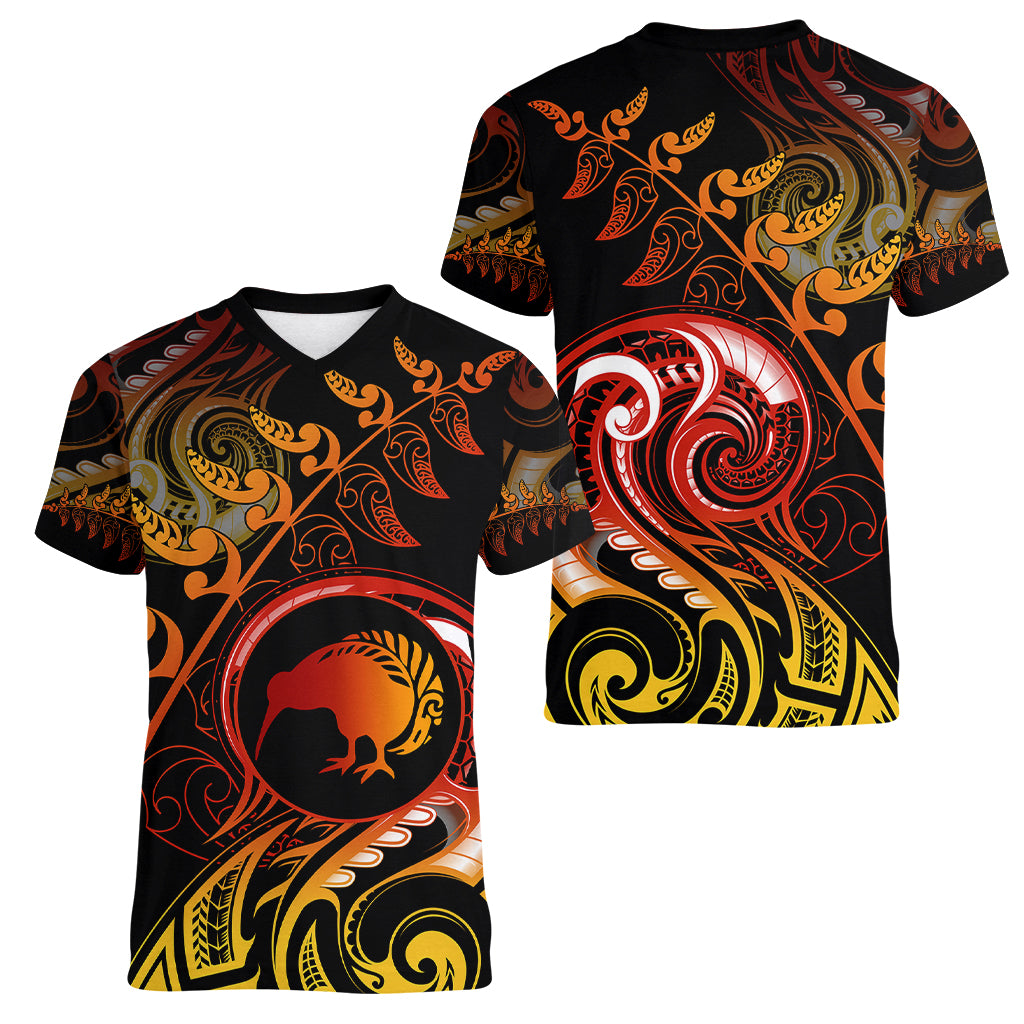New Zealand Women V Neck T Shirt Aotearoa Kiwi Bird Maori Fern Tattoo Arty - Wonder Print Shop