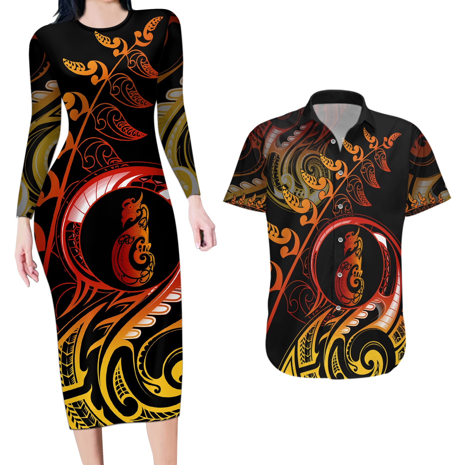 New Zealand Couples Matching Long Sleeve Bodycon Dress and Hawaiian Shirt Aotearoa Manaia Maori Fern Tattoo Arty LT9 - Wonder Print Shop
