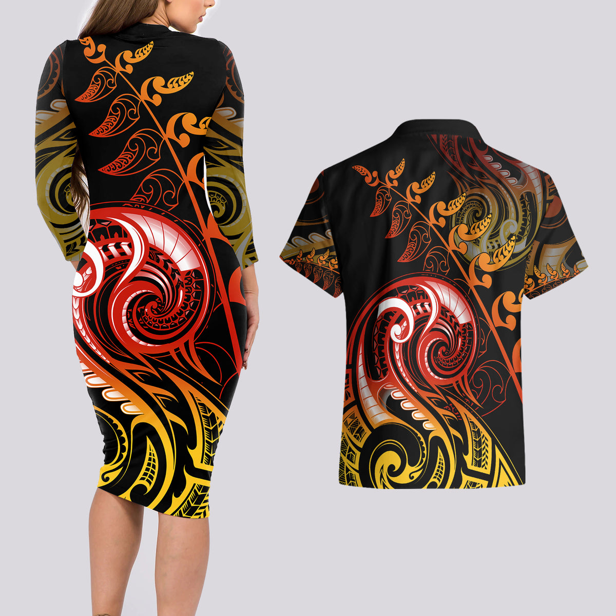New Zealand Couples Matching Long Sleeve Bodycon Dress and Hawaiian Shirt Aotearoa Manaia Maori Fern Tattoo Arty LT9 - Wonder Print Shop