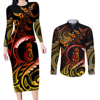 New Zealand Couples Matching Long Sleeve Bodycon Dress and Long Sleeve Button Shirts Aotearoa Manaia Maori Fern Tattoo Arty LT9 - Wonder Print Shop