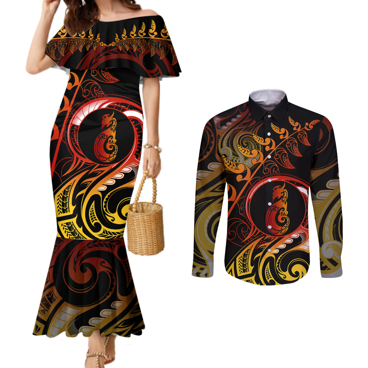 new-zealand-couples-matching-mermaid-dress-and-long-sleeve-button-shirts-aotearoa-manaia-maori-fern-tattoo-arty