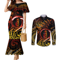 new-zealand-couples-matching-mermaid-dress-and-long-sleeve-button-shirts-aotearoa-manaia-maori-fern-tattoo-arty