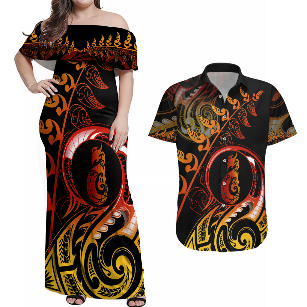 New Zealand Couples Matching Off Shoulder Maxi Dress and Hawaiian Shirt Aotearoa Manaia Maori Fern Tattoo Arty LT9 - Wonder Print Shop